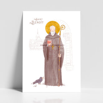 Affiche prière saint patron personnalisé Saint Benoît de Nursie - Illustration ©Les Petits Brins d'Olivier - Isabelle Monnerot-Dumaine