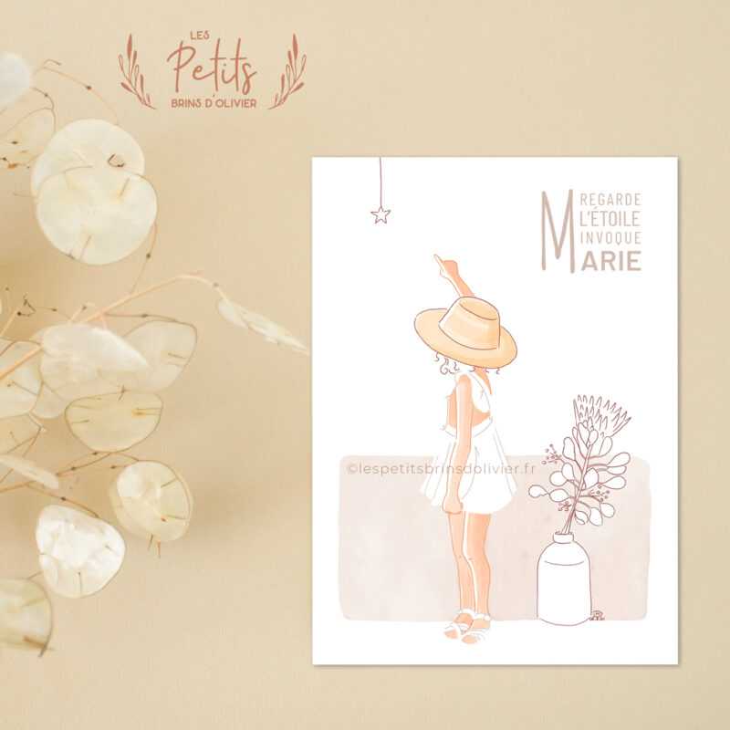Carte Prière Regarde l'étoile, invoque Marie, modèle fille - Illustration ©Les Petits Brins d'Olivier - Isabelle Monnerot-Dumaine