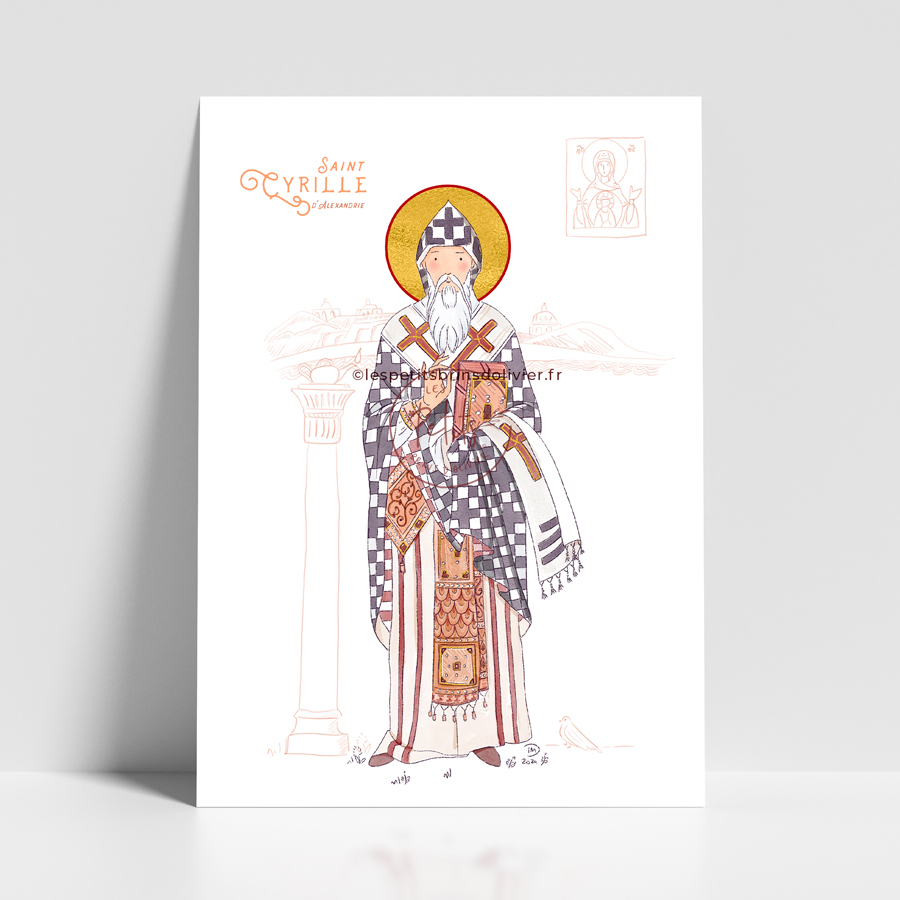 Saint Cyrille d'Alexandrie. Affiche prière saint patron illustré sur-mesure. - Illustration ©Les Petits Brins d'Olivier - Isabelle Monnerot-Dumaine