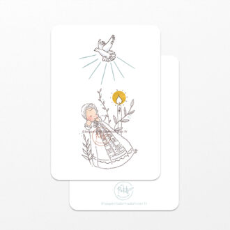 Image signet de baptême Bébé en robe, cierge, colombe et plantes. © Illustration originale Isabelle Monnerot-Dumaine – Les Petits Brins d’Olivier.