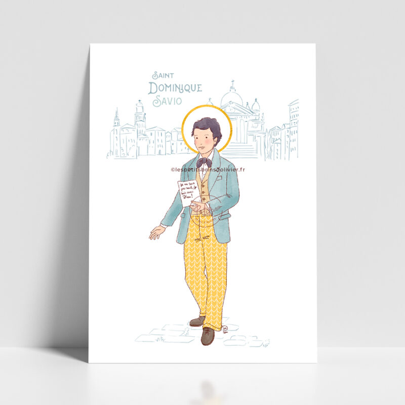 Saint Dominique Savio. Affiche prière saint patron illustré sur-mesure. - Illustration ©Les Petits Brins d'Olivier - Isabelle Monnerot-Dumaine