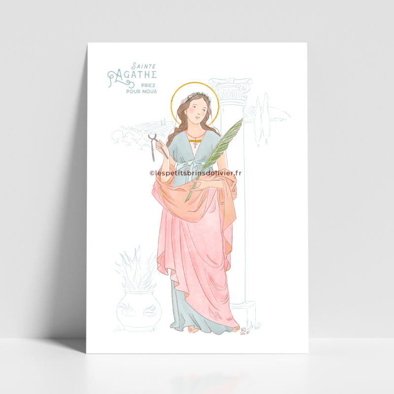 Affiche prière saint patron illustré Sainte Agathe - Illustration ©Les Petits Brins d'Olivier - Isabelle Monnerot-Dumaine