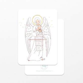 Image signet souvenir de baptême Ange Gardien - Avec un bébé en robe ancienne et petit béguin en dentelle - Ruban bleu - Image à personnaliser - Illustration ©Les Petits Brins d'Olivier - Isabelle Monnerot-Dumaine