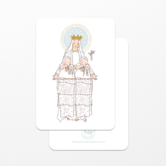 Image signet souvenir de baptême Notre-Dame de France - Avec jumeaux (garçons) en robe ancienne et petit béguin en dentelle - consecration à la Vierge Marie - bleue - Image à personnaliser - Illustration ©Les Petits Brins d'Olivier - Isabelle Monnerot-Dumaine