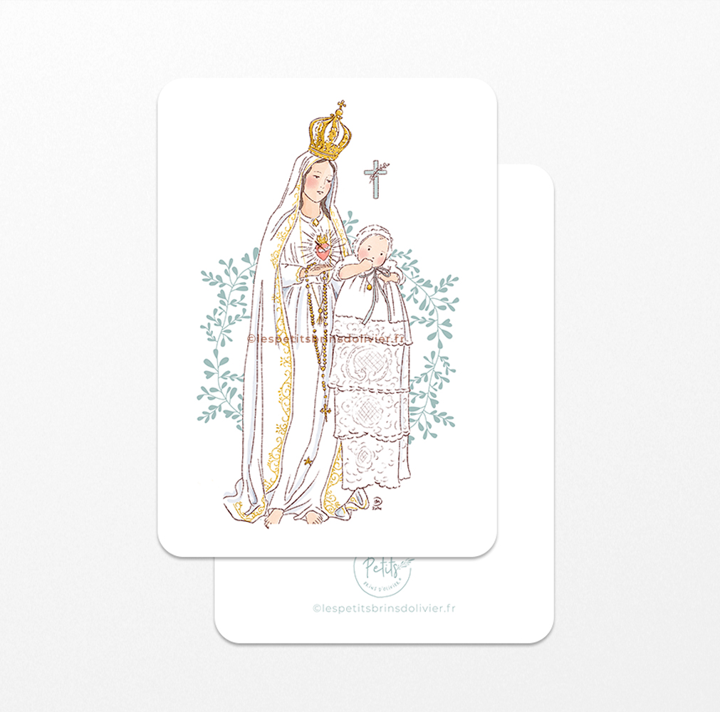 Image signet de baptême Notre-Dame de Fatima cœur immaculé enfant robe dentelle béguin couronne - Image à personnaliser - Illustration ©Les Petits Brins d'Olivier - Isabelle Monnerot-Dumaine