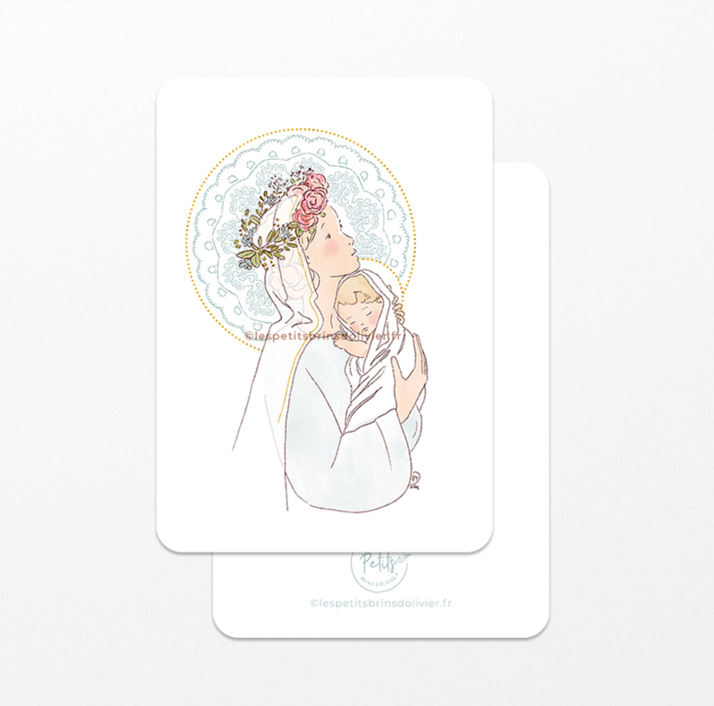 Image signet de baptême personnalisable, Sainte Vierge à l'Enfant bleue, couronnée de fleurs - Image à personnaliser - Illustration ©Les Petits Brins d'Olivier - Isabelle Monnerot-Dumaine