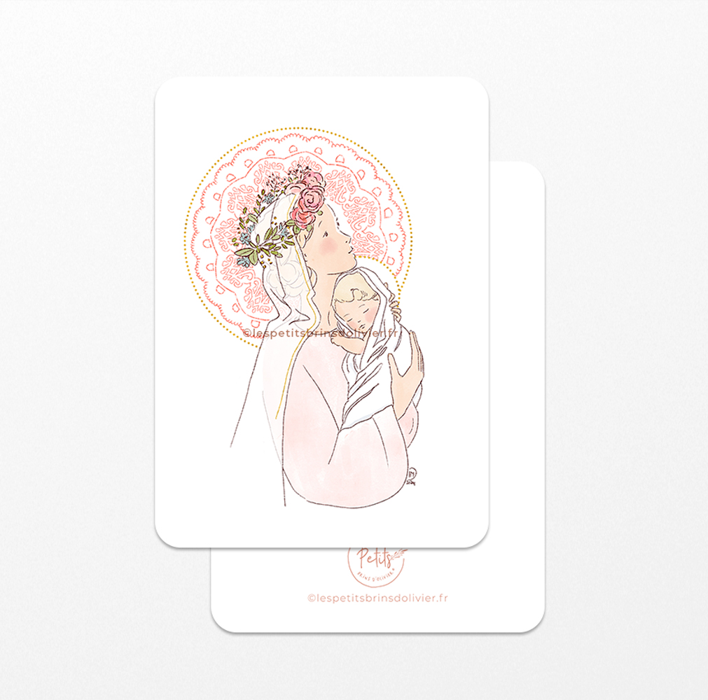 Image signet de baptême personnalisable, Sainte Vierge à l'Enfant rose, couronnée de fleurs - Image à personnaliser - Illustration ©Les Petits Brins d'Olivier - Isabelle Monnerot-Dumaine