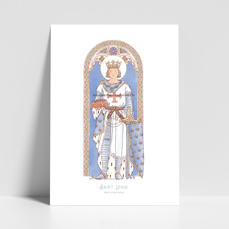 Saint Louis de France - Affiche, carte prière illustration saint patron illustré - Illustration originale ©Les Petits Brins d’Olivier – Isabelle Monnerot-Dumaine.