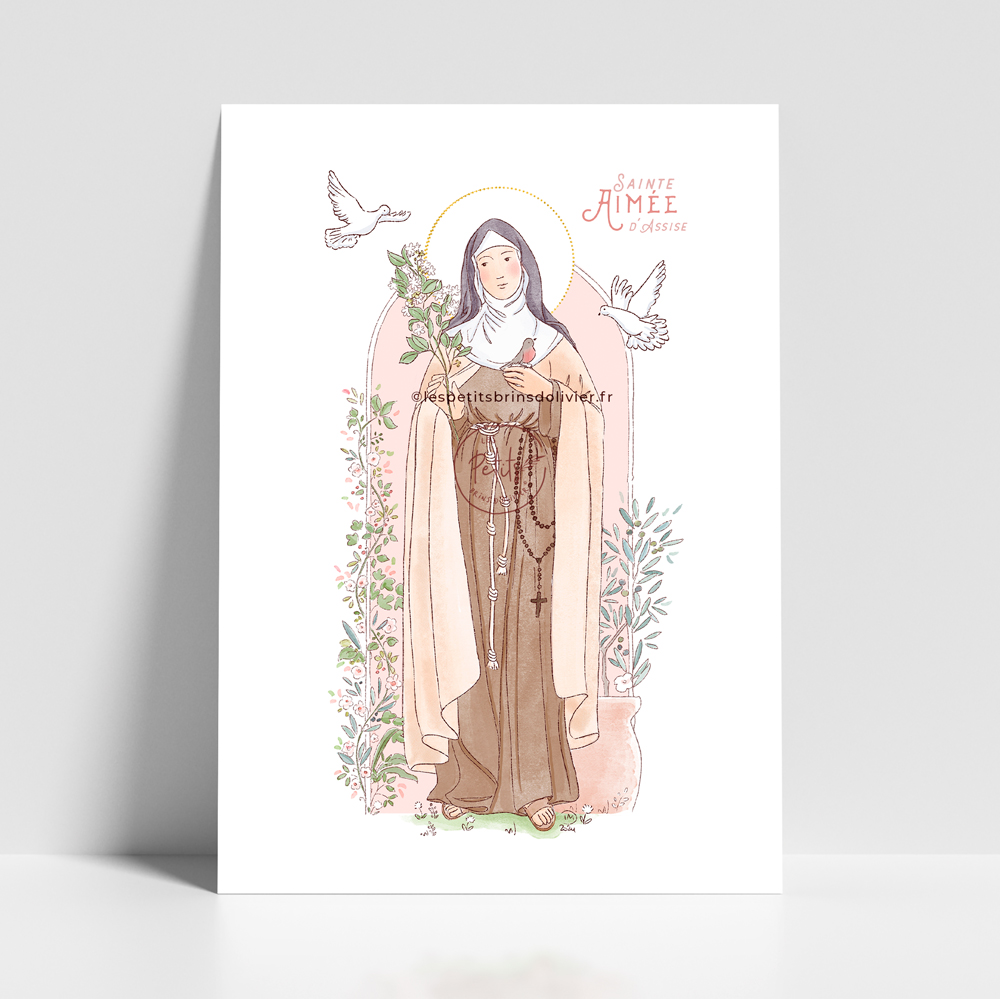 Sainte Aimée d'Assise - Affiche, carte prière illustration saint patron illustré - Illustration originale ©Les Petits Brins d’Olivier – Isabelle Monnerot-Dumaine.