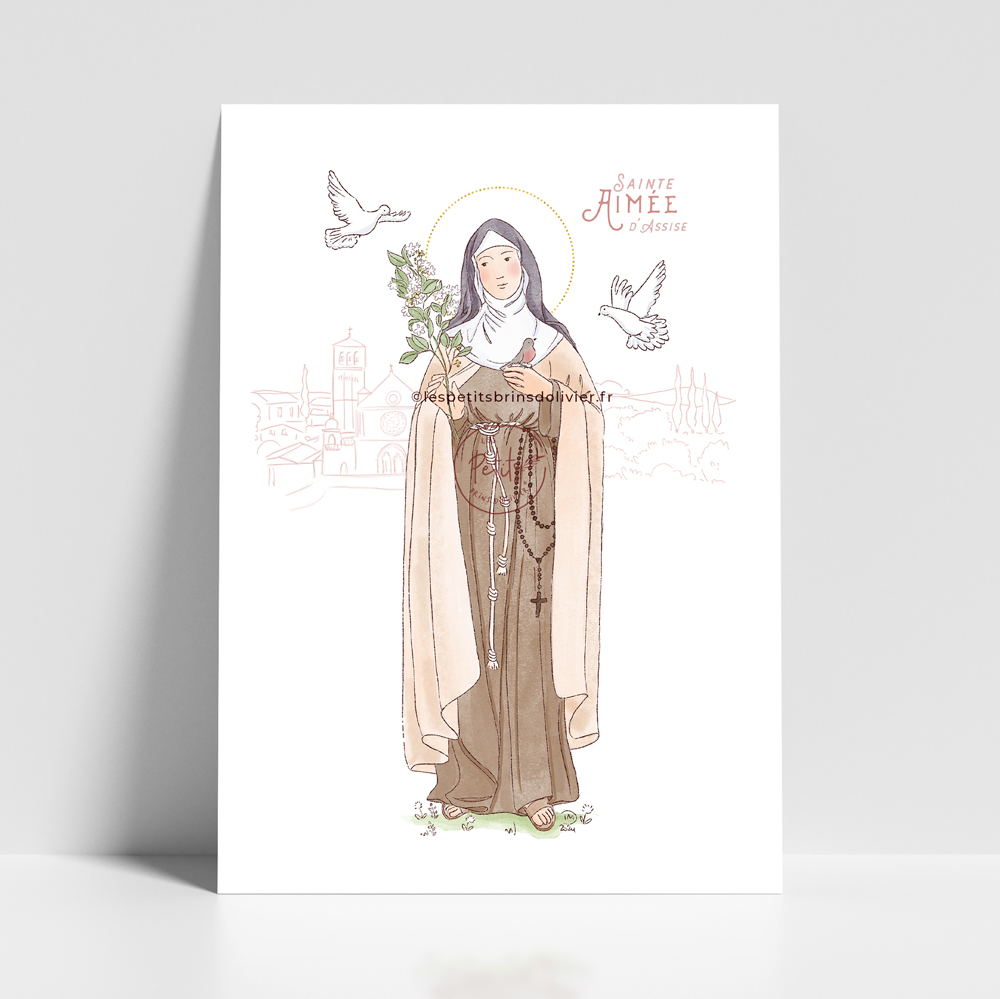 Sainte Aimée d'Assise - Affiche, carte prière illustration saint patron illustré - Illustration originale ©Les Petits Brins d’Olivier – Isabelle Monnerot-Dumaine.