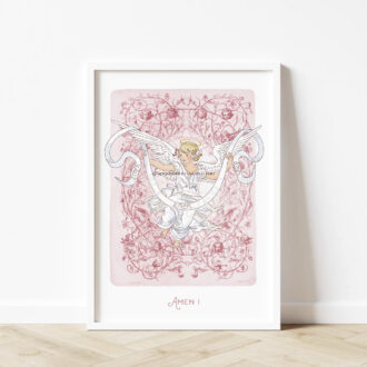 Affiche Notre-Père illustré Amen ! Pater Noster, latin - Illustration de l'Ange du Pater illustré, gravure ancienne, ornements et enluminures Brique- Illustration ©Les Petits Brins d'Olivier - Isabelle Monnerot-Dumaine