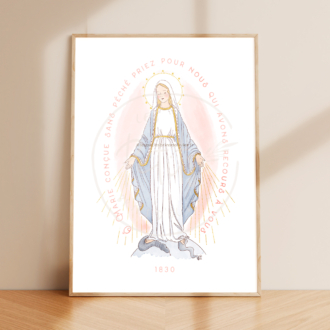 Affiche prière Notre-Dame de la médaille miraculeuse, Rue du Bac, rose - Illustration ©Les Petits Brins d'Olivier - Isabelle Monnerot-Dumaine