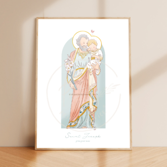 Affiche prière saint Joseph et l'Enfant-Jésus, arcade bleue - Illustration ©Les Petits Brins d'Olivier - Isabelle Monnerot-Dumaine