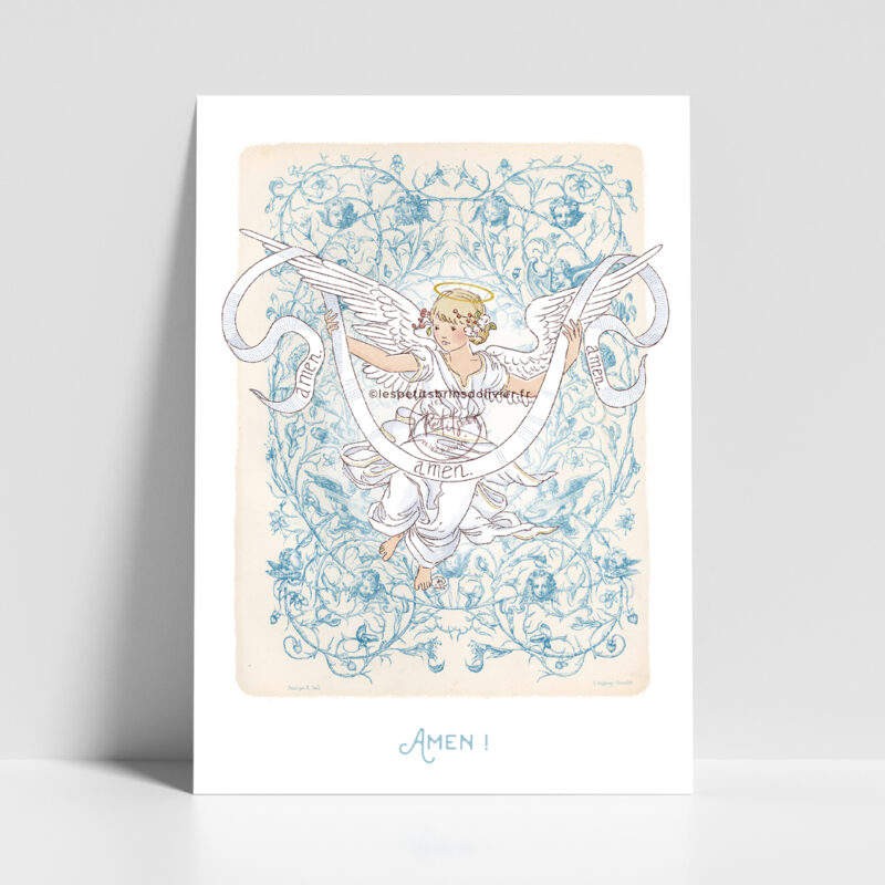 Amen illustré - Illustration de l'Ange du Pater illustré, gravure ancienne, ornements et enluminures bleus - Illustration ©Les Petits Brins d'Olivier - Isabelle Monnerot-Dumaine