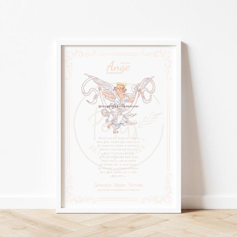 Affiche prière à l'Ange gardien personnalisable pour une naissance - Illustration originale ©Les Petits Brins d’Olivier – Isabelle Monnerot-Dumaine.