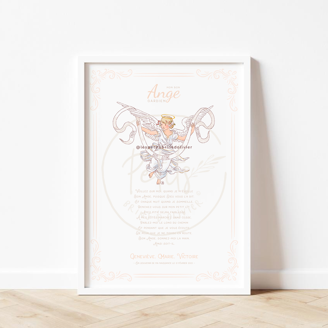 Affiche prière à l'Ange gardien personnalisable pour une naissance - Illustration originale ©Les Petits Brins d’Olivier – Isabelle Monnerot-Dumaine.