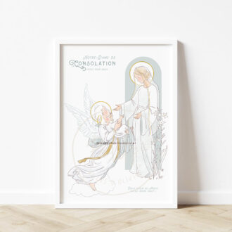 Affiche prière de deuil périnatal - La douce Sainte Vierge, Notre-Dame de la Consolation, accueillant le bébé dans ses bras, accompagné de son Ange gardien. Illustration originale ©Les Petits Brins d’Olivier – Isabelle Monnerot-Dumaine.