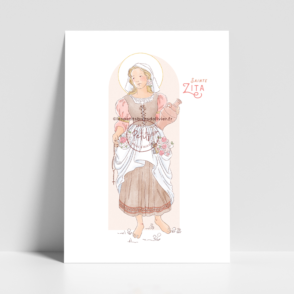 Sainte Zita de Luques, affiche. Sainte patronne illustration affiche A4 et A3 - Illustration originale ©Les Petits Brins d’Olivier – Isabelle Monnerot-Dumaine.