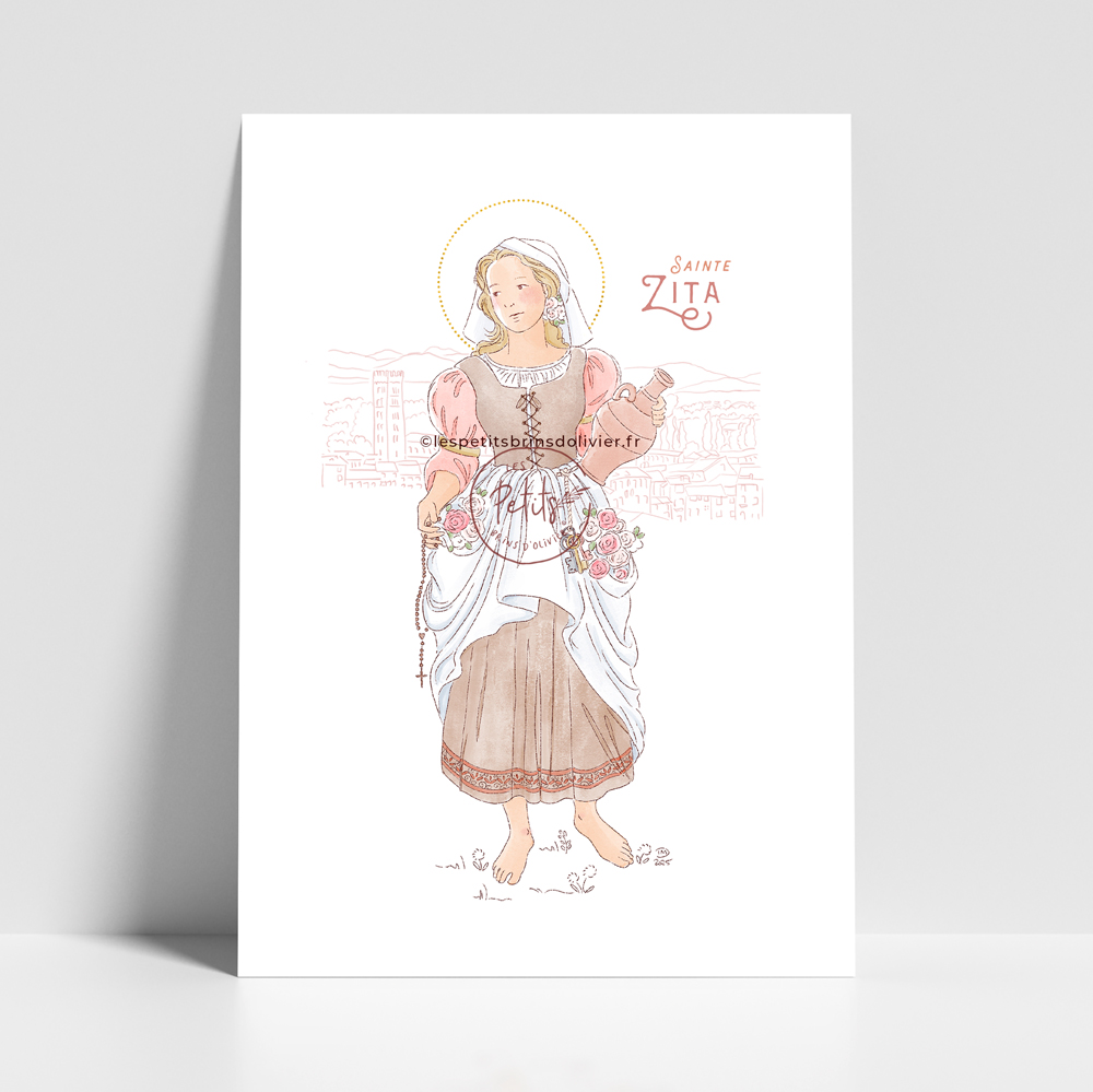 Sainte Zita de Luques, affiche. Sainte patronne illustration affiche A4 et A3 - Illustration originale ©Les Petits Brins d’Olivier – Isabelle Monnerot-Dumaine.