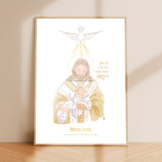 Affiche baptême personnalisée "En toi j'ai mis tout mon Amour". Jésus-Christ tenant un enfant dans ses bras - Illustration originale ©Les Petits Brins d’Olivier – Isabelle Monnerot-Dumaine.