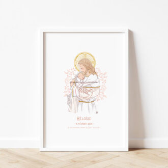 Affiche baptême personnalisée "Je suis devenu enfant de Dieu". Jésus-Christ portant un enfant contre son coeur - Illustration originale ©Les Petits Brins d’Olivier – Isabelle Monnerot-Dumaine.