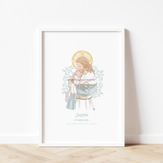 Affiche baptême personnalisée "Je suis devenu enfant de Dieu". Jésus-Christ portant un enfant contre son cœur, version bleue - Illustration originale ©Les Petits Brins d’Olivier – Isabelle Monnerot-Dumaine.