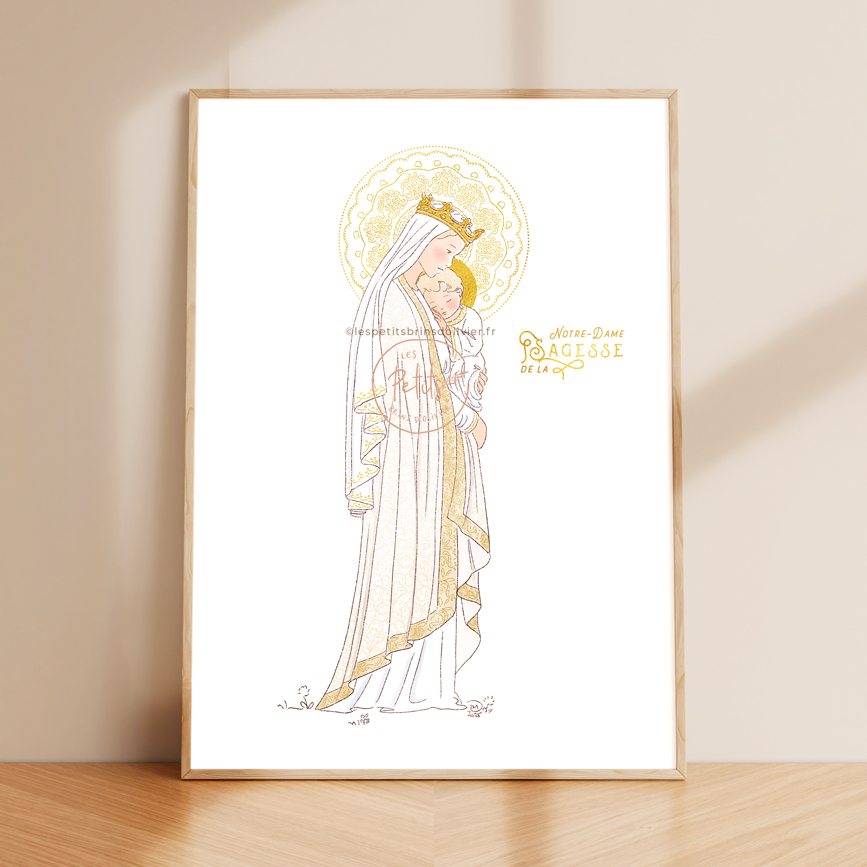 Affiche Notre-Dame de la Sagesse illustration de la Sainte Vierge Marie tenant l'Enfant-Jésus contre son Cœur - Illustration originale ©Les Petits Brins d'Olivier - Isabelle Monnerot-Dumaine