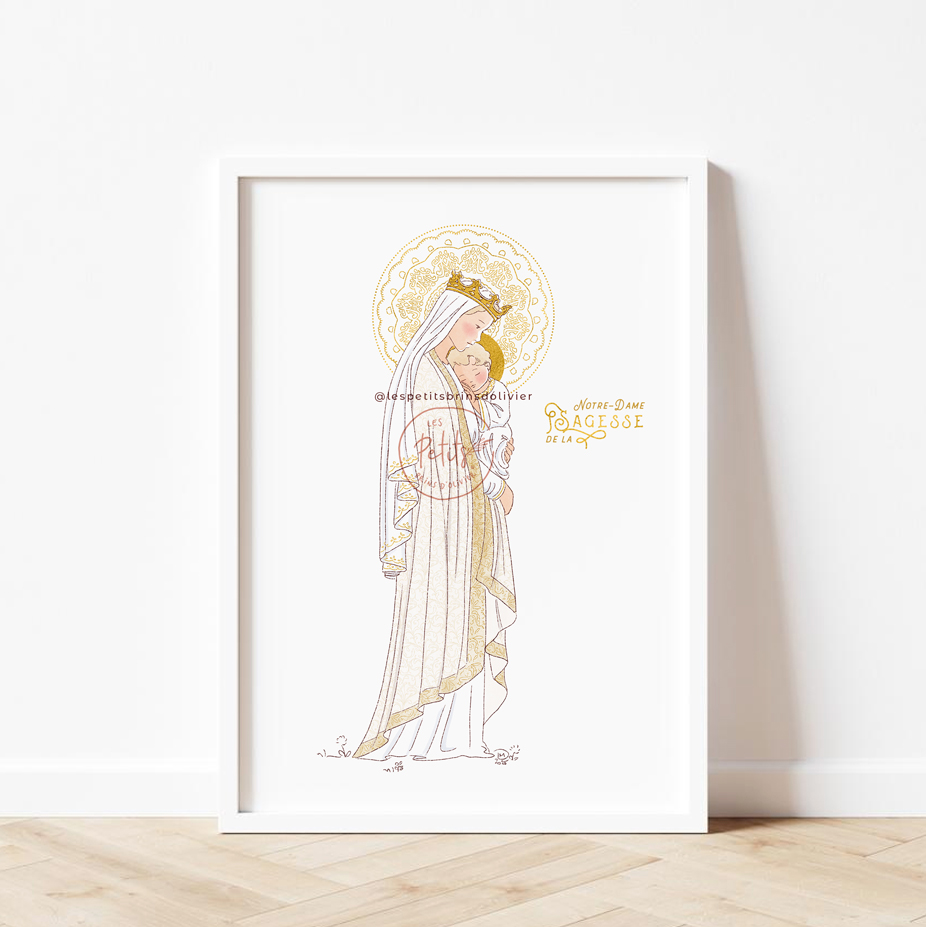 Affiche Notre-Dame de la Sagesse illustration de la Sainte Vierge Marie tenant l'Enfant-Jésus contre son Cœur - Illustration originale ©Les Petits Brins d'Olivier - Isabelle Monnerot-Dumaine