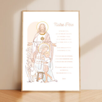 Affiche Notre-Père illustré. Jésus, Marie, l'enfant et l'agneau Version Garçon - Illustration ©Les Petits Brins d'Olivier - Isabelle Monnerot-Dumaine