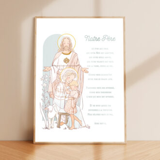 Affiche Notre-Père illustré vouvoiement. Jésus, Marie, l'enfant et l'agneau Version Fille - Illustration ©Les Petits Brins d'Olivier - Isabelle Monnerot-Dumaine
