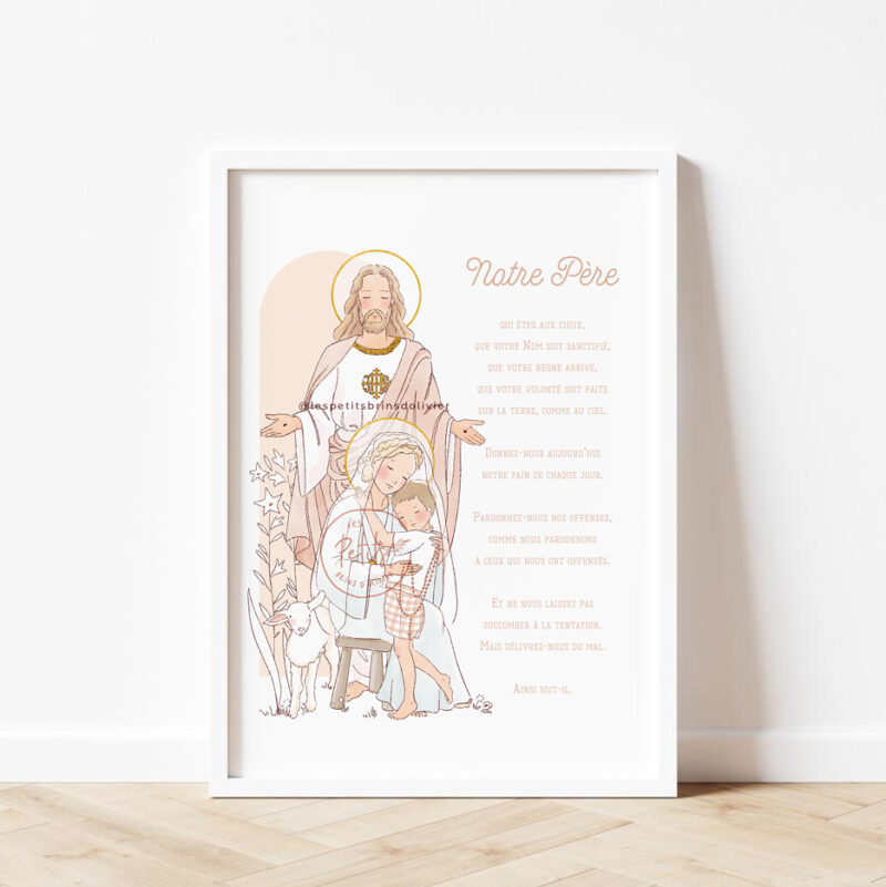 Affiche Notre-Père illustré vouvoiement. Jésus, Marie, l'enfant et l'agneau Version Garçon - Illustration ©Les Petits Brins d'Olivier - Isabelle Monnerot-Dumaine