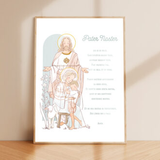 Affiche Pater Noster illustré. Jésus, Marie, l'enfant et l'agneau - Illustration ©Les Petits Brins d'Olivier - Isabelle Monnerot-Dumaine