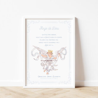 Affiche prière à l'Ange gardien "Ange de Dieu" personnalisable pour un baptême - Illustration originale ©Les Petits Brins d’Olivier – Isabelle Monnerot-Dumaine.