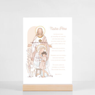 Affichette Notre Père illustré vouvoiement. Jésus, Marie, l'enfant et l'agneau - Grande carte A5 Illustration ©Les Petits Brins d'Olivier - Isabelle Monnerot-Dumaine