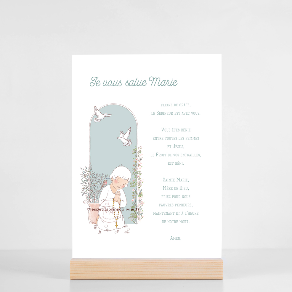 Grande carte prière Je vous salue Marie, enfant en prière au chapelet. Version Vert-de-gris. Illustration originale ©2022 Les Petits Brins d'Olivier - Isabelle Monnerot-Dumaine