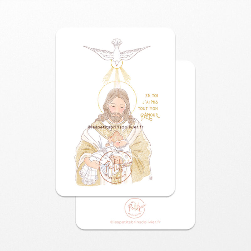 Image signet de baptême personnalisable "En toi j'ai mis tout mon Amour". Jésus-Christ tenant un enfant dans ses bras - Illustration originale ©Les Petits Brins d’Olivier – Isabelle Monnerot-Dumaine.