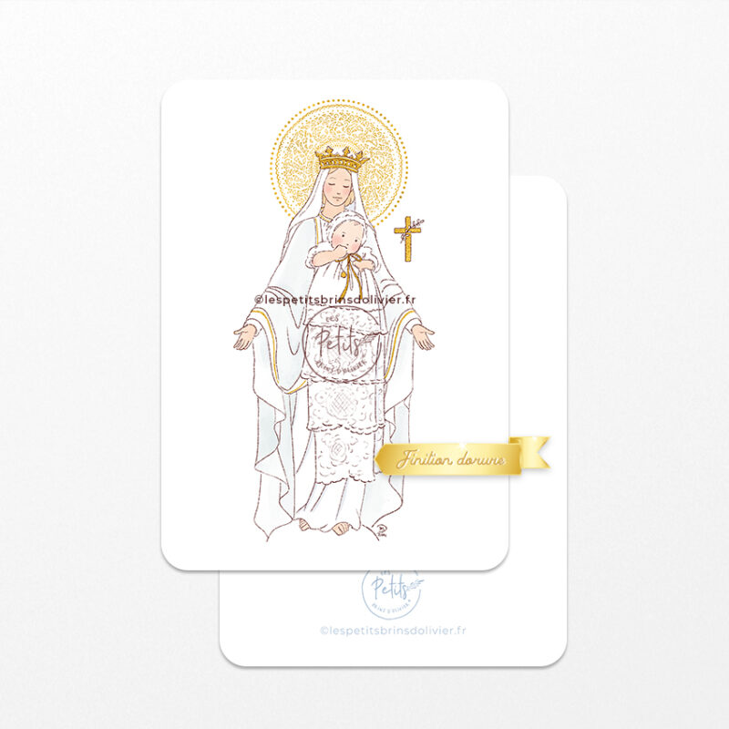 Image signet de baptême Notre-Dame de France finition dorure or - Avec un bébé en robe ancienne et petit béguin en dentelle - consécration à la Vierge Marie - Illustration originale ©Les Petits Brins d'Olivier - Isabelle Monnerot-Dumaine
