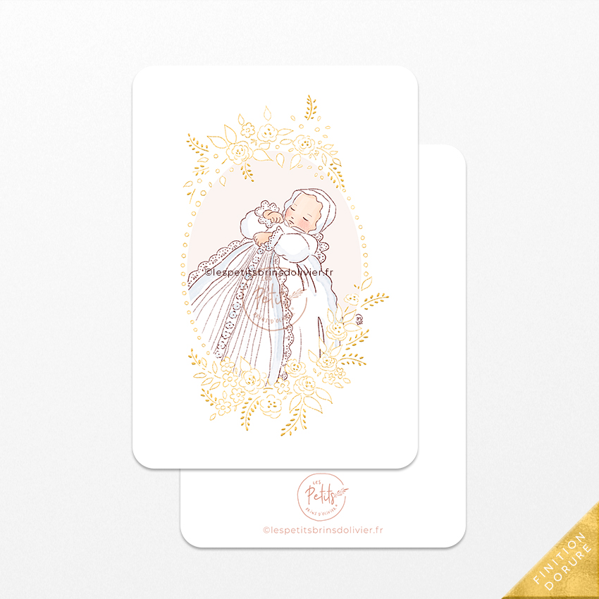 Image signet de baptême Médaillon fleuri finition dorure - Avec un bébé en robe ancienne et petit béguin en dentelle - Illustration originale ©Les Petits Brins d'Olivier - Isabelle Monnerot-Dumaine
