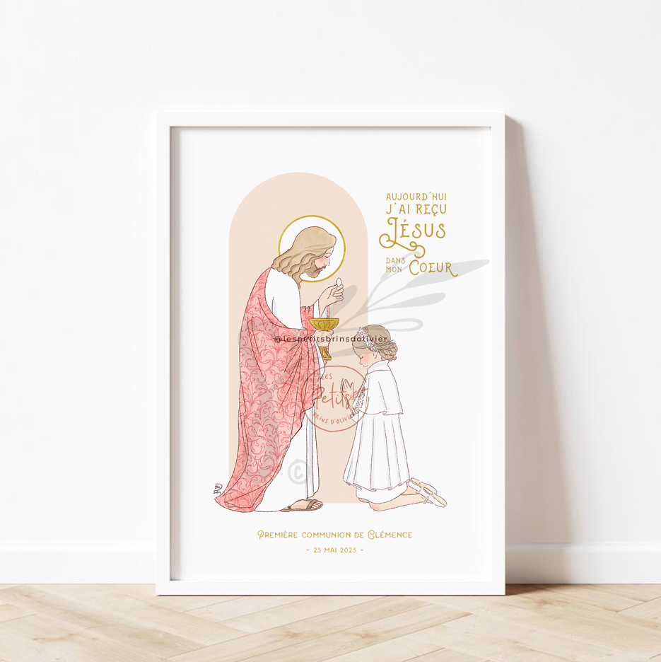 Affiche Bienvenue et souvenir de ma Première Communion personnalisable - Fille - Illustration originale ©Les Petits Brins d'Olivier - Isabelle Monnerot-Dumaine