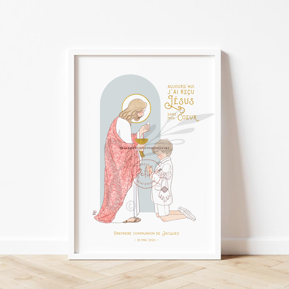 Affiche Bienvenue et souvenir de ma Première Communion personnalisable - Garçon - Illustration originale ©Les Petits Brins d'Olivier - Isabelle Monnerot-Dumaine