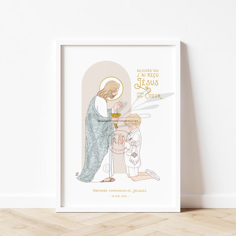 Affiche Bienvenue et souvenir de ma Première Communion personnalisable - Garçon - Illustration originale ©Les Petits Brins d'Olivier - Isabelle Monnerot-Dumaine