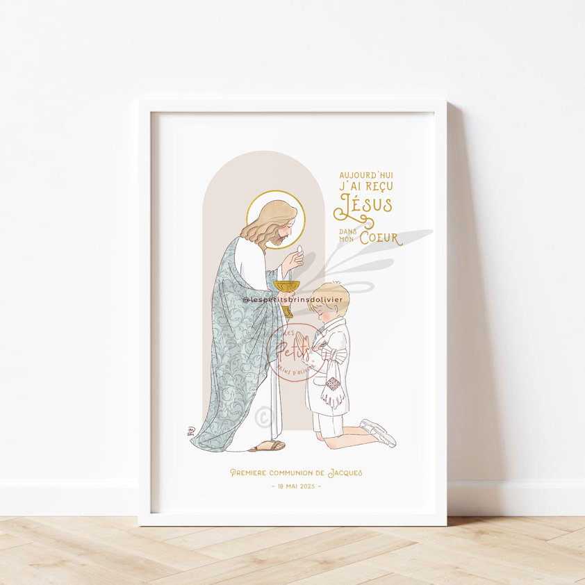 Affiche Bienvenue et souvenir de ma Première Communion personnalisable - Garçon - Illustration originale ©Les Petits Brins d'Olivier - Isabelle Monnerot-Dumaine
