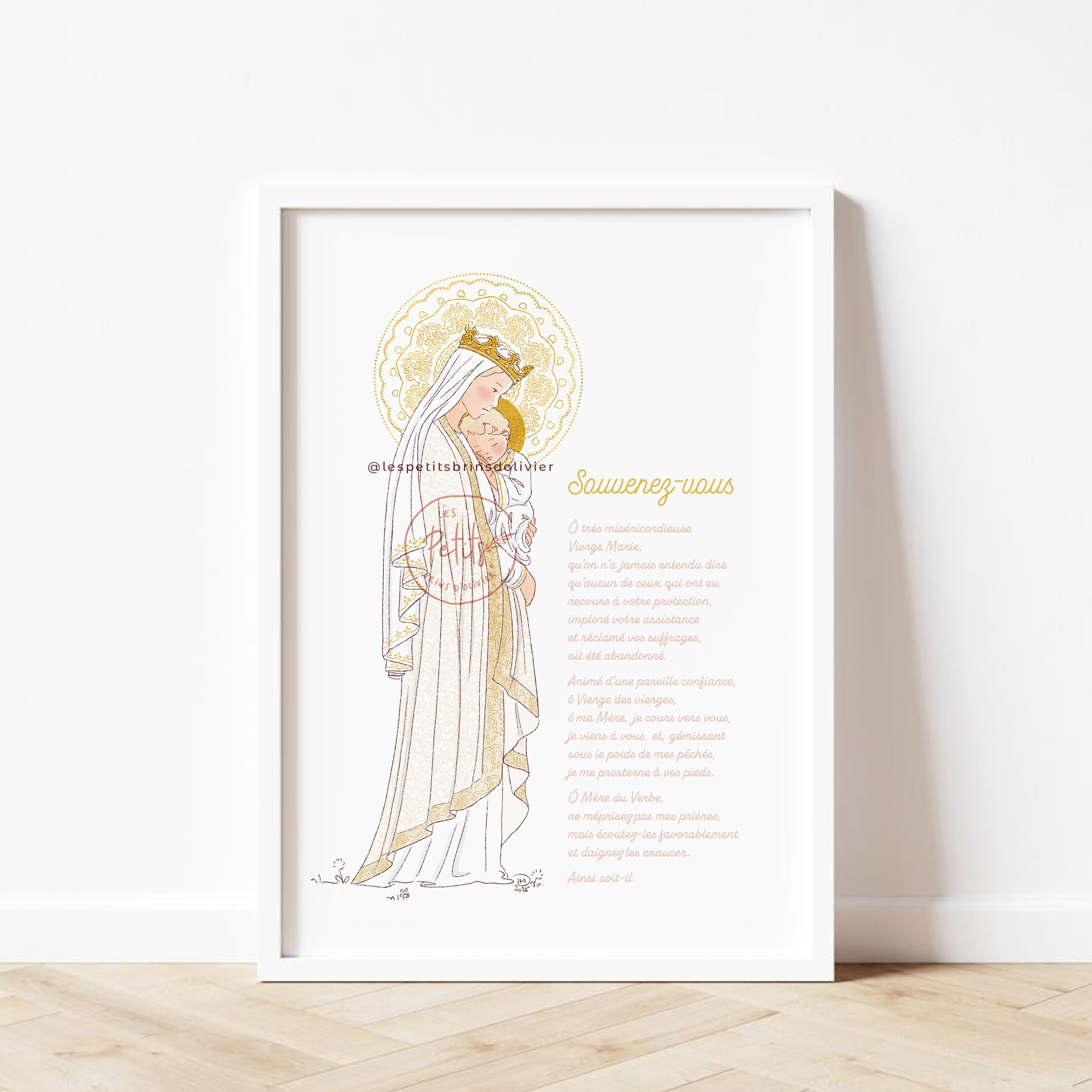 Affiche prière "Souvenez-vous" Vierge Marie à l'Enfant d'après la statue de Notre-Dame de la Sagesse. Illustration originale ©Les Petits Brins d'Olivier - Isabelle Monnerot-Dumaine