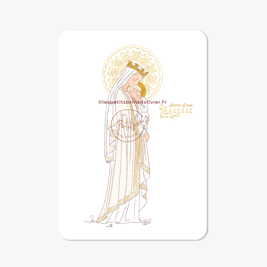 Carte postale Notre-Dame de la Sagesse illustration de la Sainte Vierge Marie tenant l'Enfant-Jésus contre son Cœur - Illustration originale ©Les Petits Brins d'Olivier - Isabelle Monnerot-Dumaine
