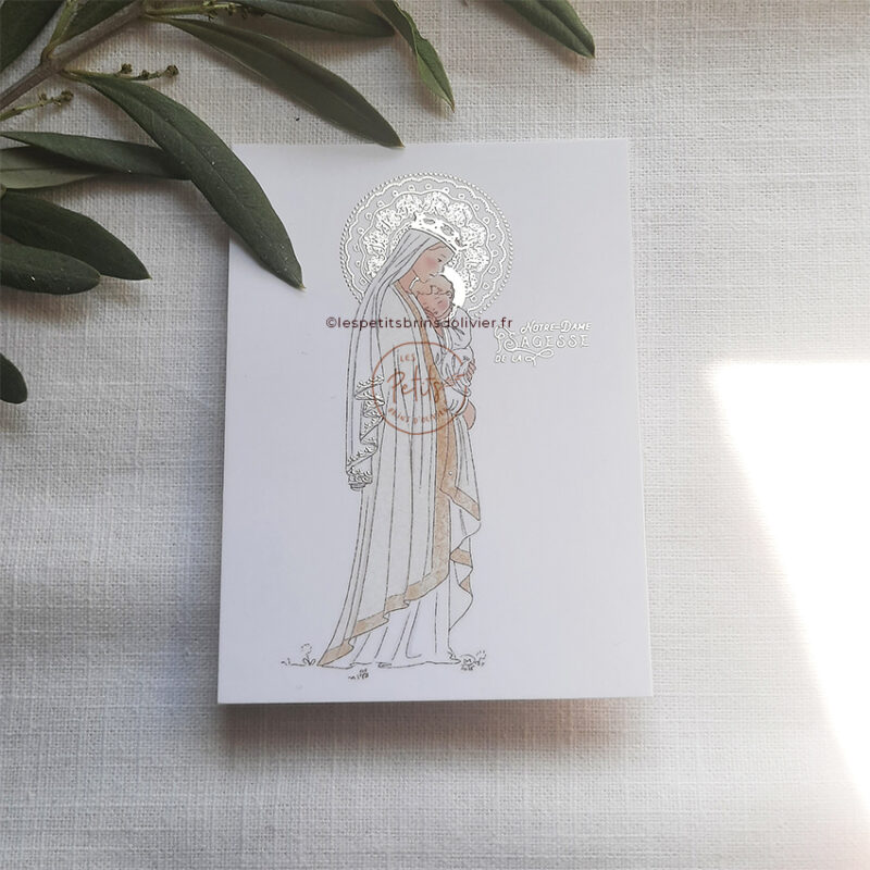 Image signet de baptême Notre-Dame de la Sagesse, finition dorure "Or". Illustration originale ©Les Petits Brins d'Olivier - Isabelle Monnerot-Dumaine