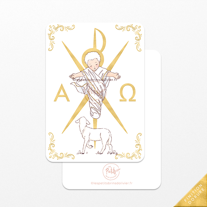 Image signet de première communion Voici l'Agneau de Dieu, finition dorure "Or". Illustration originale ©Les Petits Brins d'Olivier - Isabelle Monnerot-Dumaine