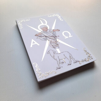 Image signet de première communion Voici l'Agneau de Dieu, finition dorure "Or". Illustration originale ©Les Petits Brins d'Olivier - Isabelle Monnerot-Dumaine