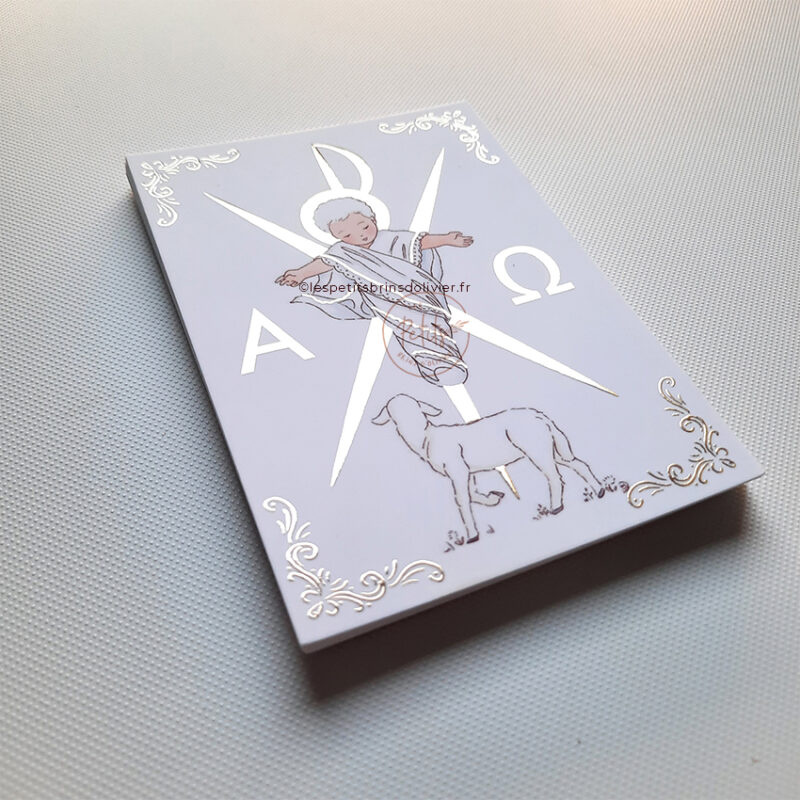 Image signet de première communion Voici l'Agneau de Dieu, finition dorure "Or". Illustration originale ©Les Petits Brins d'Olivier - Isabelle Monnerot-Dumaine