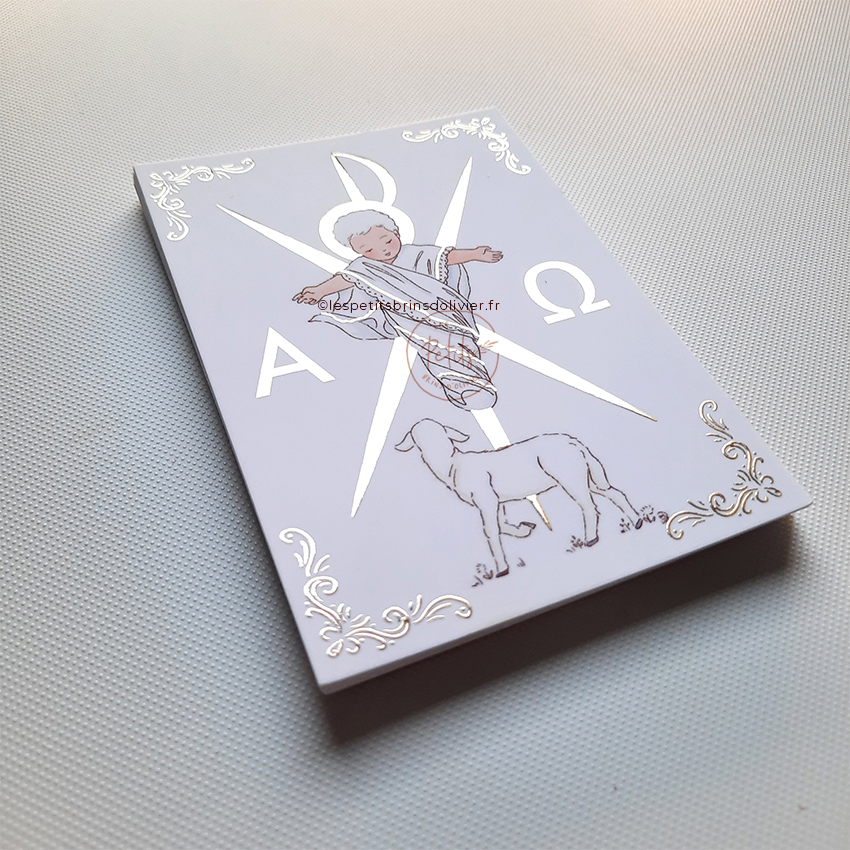 Image signet de première communion Voici l'Agneau de Dieu, finition dorure "Or". Illustration originale ©Les Petits Brins d'Olivier - Isabelle Monnerot-Dumaine