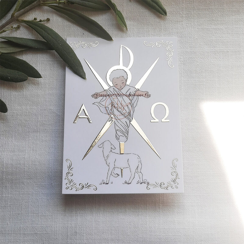 Image signet de première communion Voici l'Agneau de Dieu, finition dorure "Or". Illustration originale ©Les Petits Brins d'Olivier - Isabelle Monnerot-Dumaine